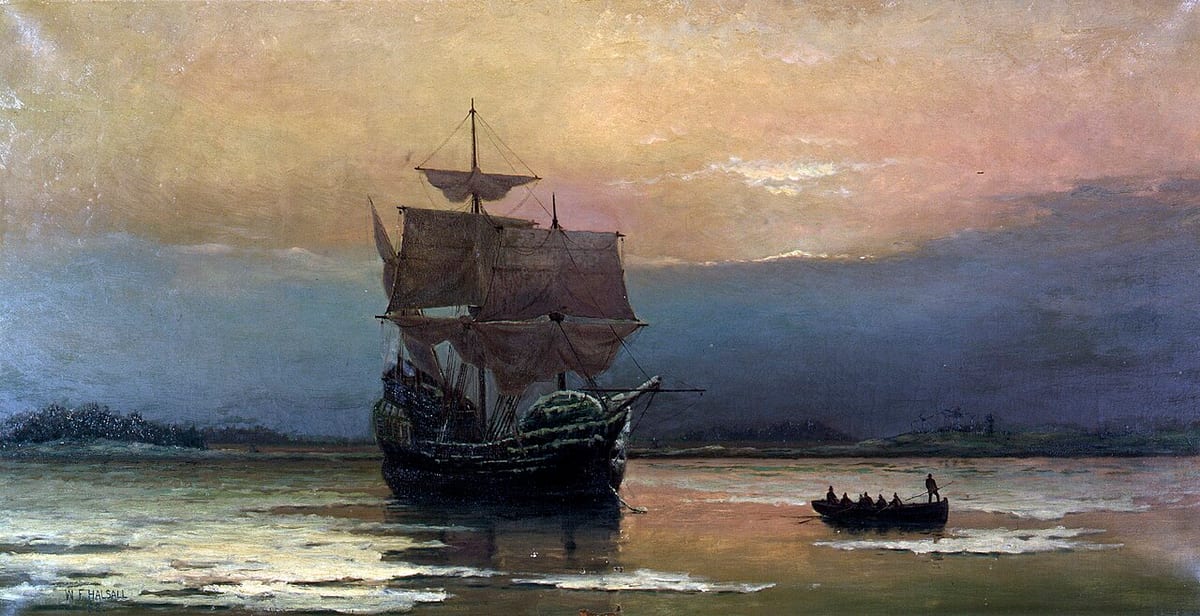 Painting of a three-masted sailing ship at anchor on icy water under a sunset sky, a rowing boat of men heading away from it