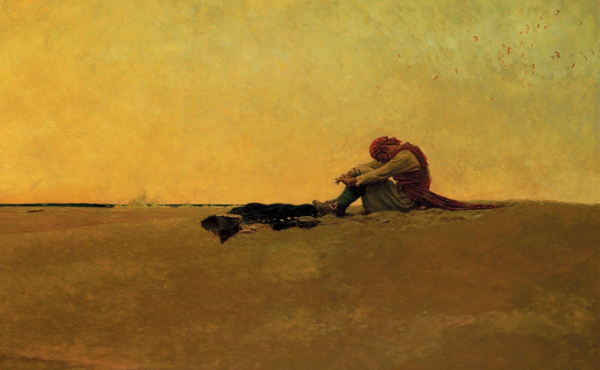 Painting of a lone pirate in a red headscarf sitting hunched on a flat sandbar, his coat and hat beside him, under a hazy golden sky