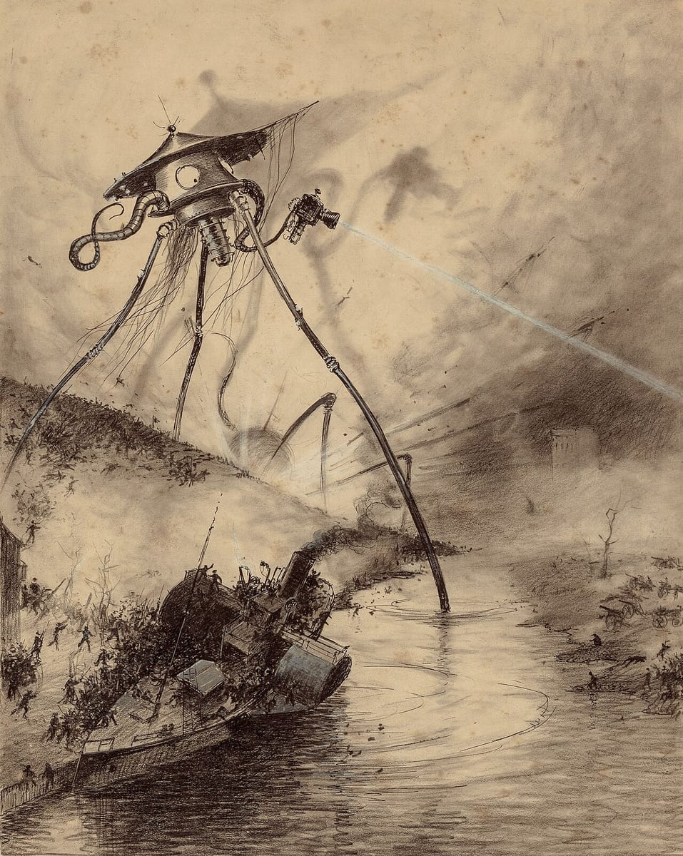 Sepia drawing of a three-legged Martian machine firing a heat ray across a river, as a wrecked steamboat lists and people flee up the bank
