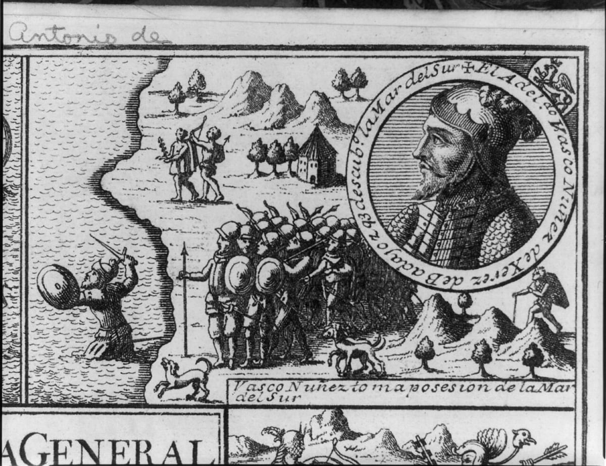 Engraving of an armoured man kneeling in the sea with a raised sword and shield, soldiers with pikes on the shore and a portrait medallion of Balboa
