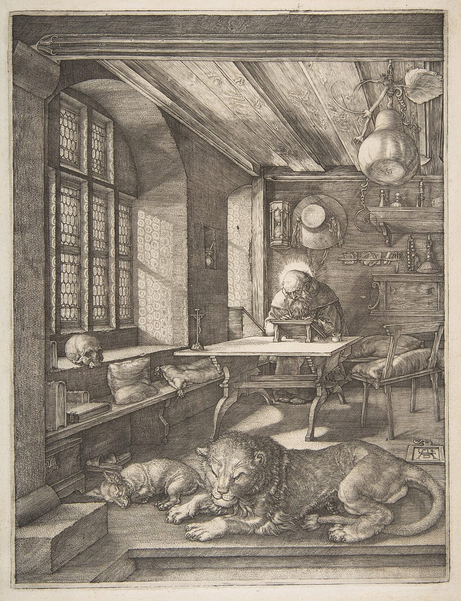 Engraving of St Jerome writing at a desk in a sunlit, wood-beamed study, a skull on the window seat and a lion and dog asleep in front