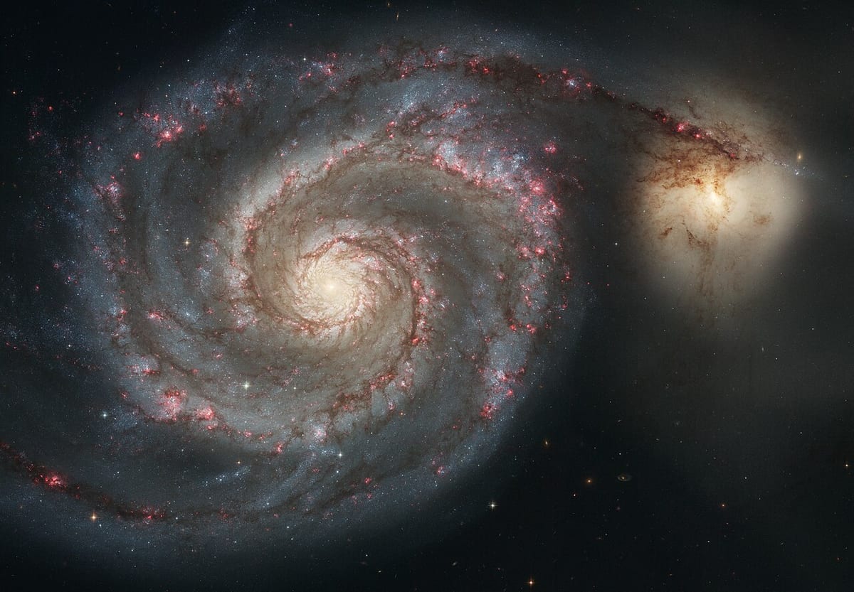 A spiral galaxy seen face-on, a bright core wound with blue arms speckled pink, and a smaller yellowish galaxy at the end of one arm