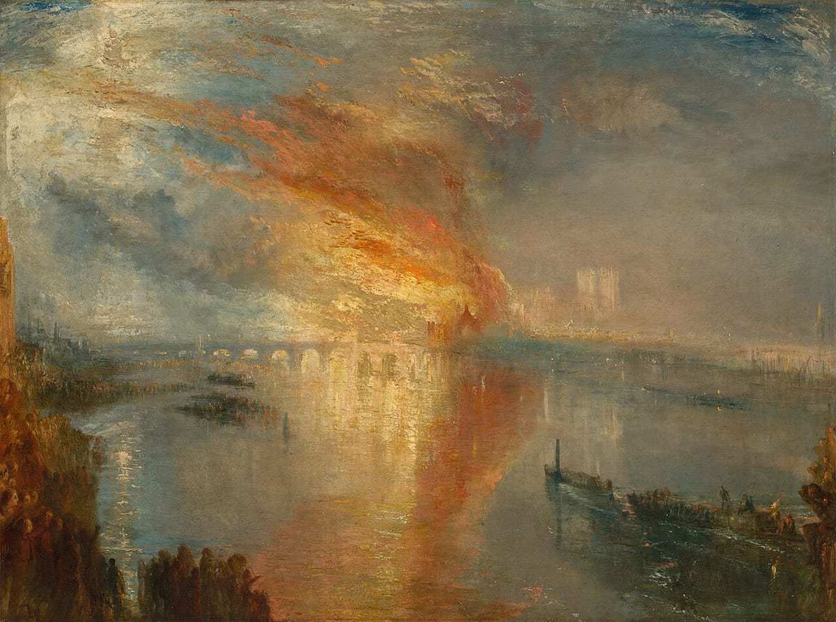 Painting of a huge fire on a riverbank, orange flames and smoke streaming across the sky and reflected in the river by a bridge, crowds and boats watching