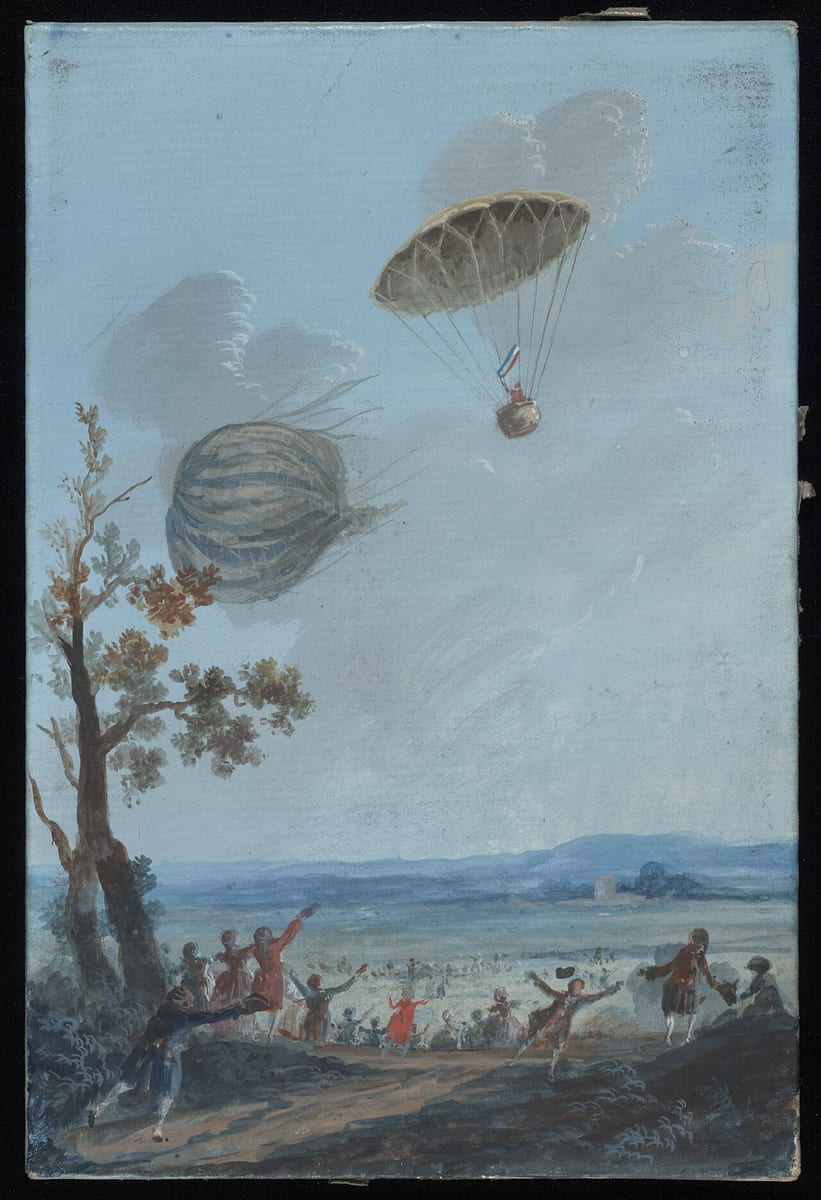 Painting of a man in a basket floating down under a large parachute flying a French flag, the empty balloon drifting off and a crowd running below